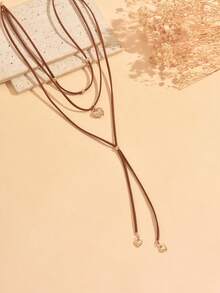 1pc Western Vintage Brown Cord Small Heart Tassel And Heart Pendant Decorated With Small Gold Beads Necklace, Fashionable Personalized Women's Neck Jewelry, Suitable For Daily Wear, Summer Vacation, Western Style Outfit, Music Festival - Multicolor - View 3