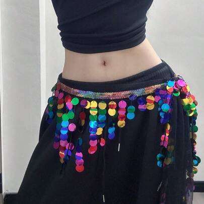 1pc High-Density Gold Coin Tassel Belly Dance Waist Chain, Versatile Hip Scarf For Dance Practice And Performances
