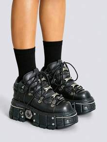 Thick Sole Height-Increasing Soft Bottom Ankle Boots For Women, Black Round Toe Lace-Up Metal Flat Ankle Boots, Punk Style Sports Casual Shoes, Halloween Y2K Style Sneakers - Black - View 4