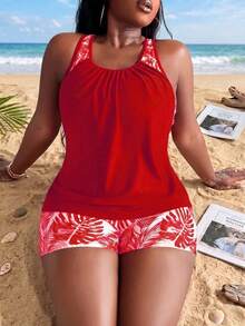 Swim Lushoire Vestido de baño tankini con estampado aleatorio para mujeres de talla grande para vacaciones de verano en la playa - Rojo - Ver 1