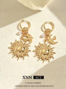 1 par de pendientes con colgante de sol, diseño de nicho retro de moda con estrella & pájaro en capas, joyería de oreja exagerada, adecuado para el uso diario de las mujeres - Dorado - Ver 7