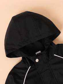 Tween Boys' Spring/Autumn Black Versatile Dirt-Resistant Hooded Jacket With White Line Decoration, Design, New Autumn Style For Big Kids, Casual Versatile Hooded Jacket - Black - View 5