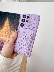1 pieza Funda de teléfono TPU púrpura estilo Ins color caramelo con diseño floral de mariposa cobertura completa a prueba de golpes y 1 pieza soporte de tarjeta adhesivo púrpura estilo Ins color caramelo con diseño floral de mariposa, nueva 2 en 1 cobertura completa protectora a prueba de polvo y agua carcasa blanda compatible con Samsung/Oppoe/ - Multicolor - Ver 3