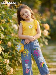 BASUSARRI [3D Printed Effect, Non-Denim Fabric]Girls' Long Pants Set With Tank Top And Ruffle Sleeves, Long Pants With Printed Effect And No Pockets, Fashionable Versatile Street Style Girls' Outfit For Outings And Gatherings - Yellow - View 4