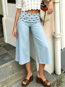 Women 's Fold Over Lounge Capris Wide Leg Low Rise Cropped Gaucho Pants Solid Color Flowy Pajama Bottom - 天藍色 - 查看 2