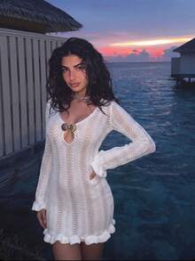 White Knitted Hollow Out Beach Cover-Up, Shell Button Backless Tie-Up Vacation Beach Dress Summer - White - View 5