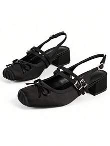 Sweet Bow Chunky Heels Cute Fashionable Square Toe Slingback Pumps Spring&Summer Suitable For Party Banquet Cosplay, Elegant Lady Shoes Woman - Black - View 2
