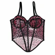 Sexy Leopard Print Patchwork Bra With Straps, High Quality Sheer Lace Mesh Corset With Boning. - 安哥拉紅色 - 查看 3