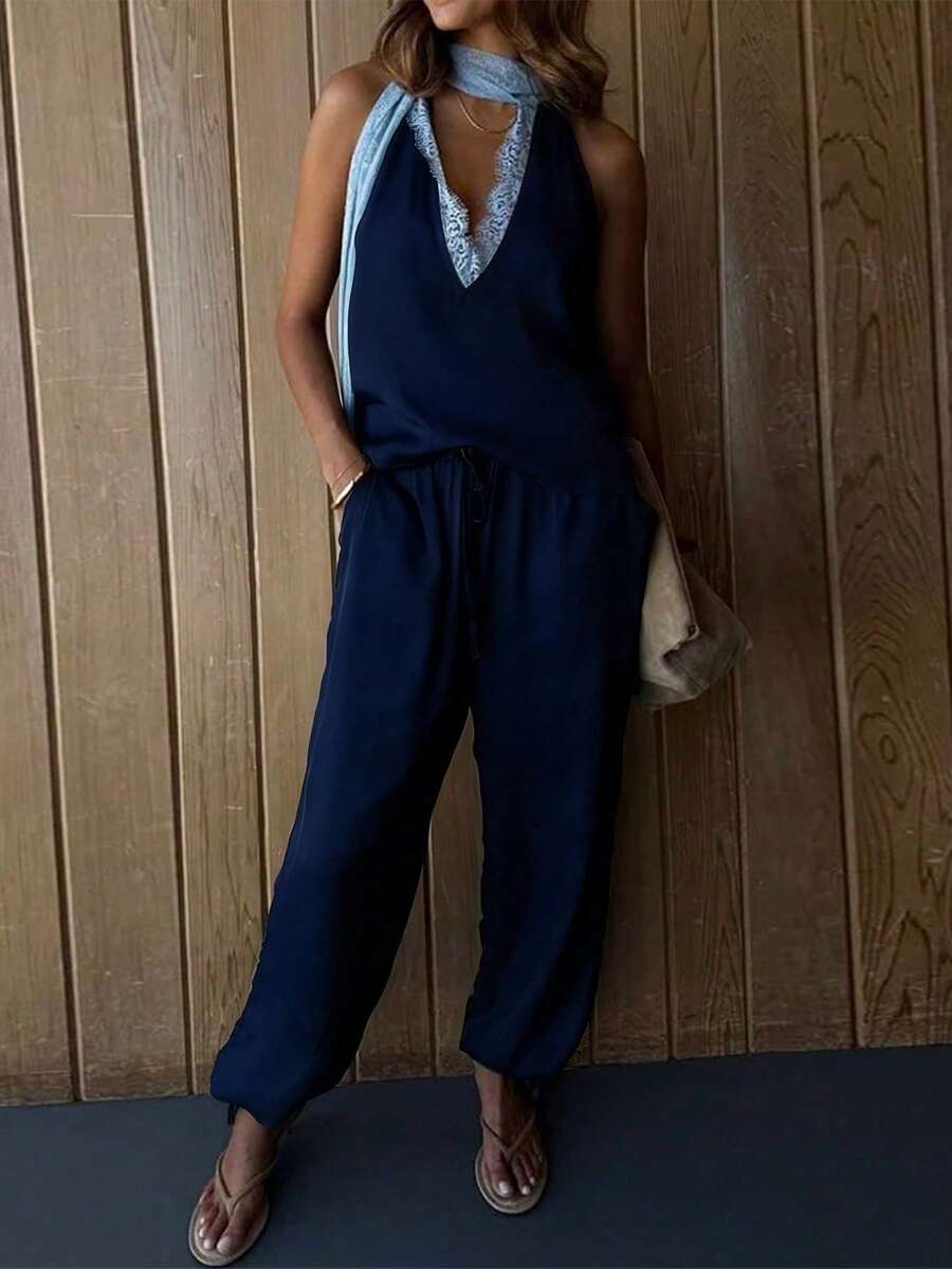 1 Set de unicolor, elegante y casual con parche de encaje anudado y bolsillo, conjunto de 2 piezas para mujer, adecuado para el hogar, vacaciones, uso diario, primavera/verano - Azul marino - Ver 1