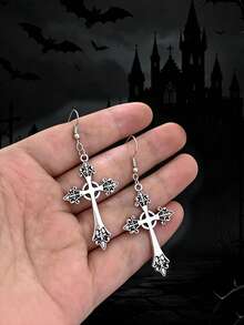 2pcs/Set Cross Gothic Pendant Earrings, Large Silver Exaggerated Traditional Gothic Jewelry, Fashionable & Exquisite, Women's Gift For Girlfriend - Multicolor - View 2