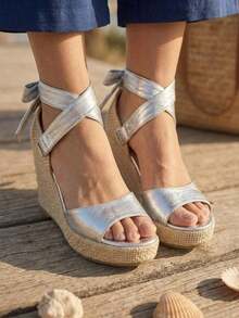 Women's Platform Sandals, Jute Wedge, Espadrille Wedge, High Espadrilles, Tie Straps, Wedge Heel, Comfortable, Casual, Boho, Summer, Women's Fashion - 銀色 - 查看 1