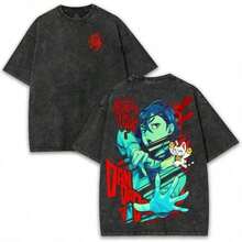 Camiseta Oversized de Anime DanDaDan Spirit Slash & Superstition de 260GSM con Estampado a Doble Cara - Estilo Urbano Vintage Lavado para Fans del Caos, Espíritus y Batallas de Ciencia Ficci - Negro - Ver 1