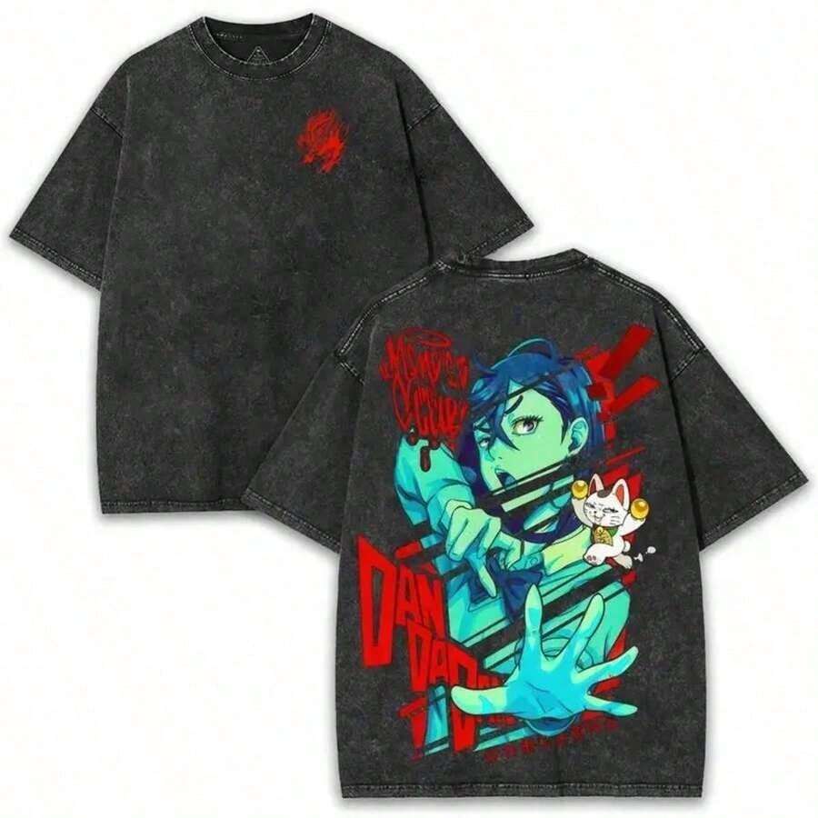 Camiseta Oversized de Anime DanDaDan Spirit Slash & Superstition de 260GSM con Estampado a Doble Cara - Estilo Urbano Vintage Lavado para Fans del Caos, Espíritus y Batallas de Ciencia Ficci - Negro - Ver 1