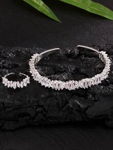 rakol 2pcs Fashion Cubic Zirconia Asymmetrical Square Decor Silver Open Ring & Bracelet Set - Silver - View 4