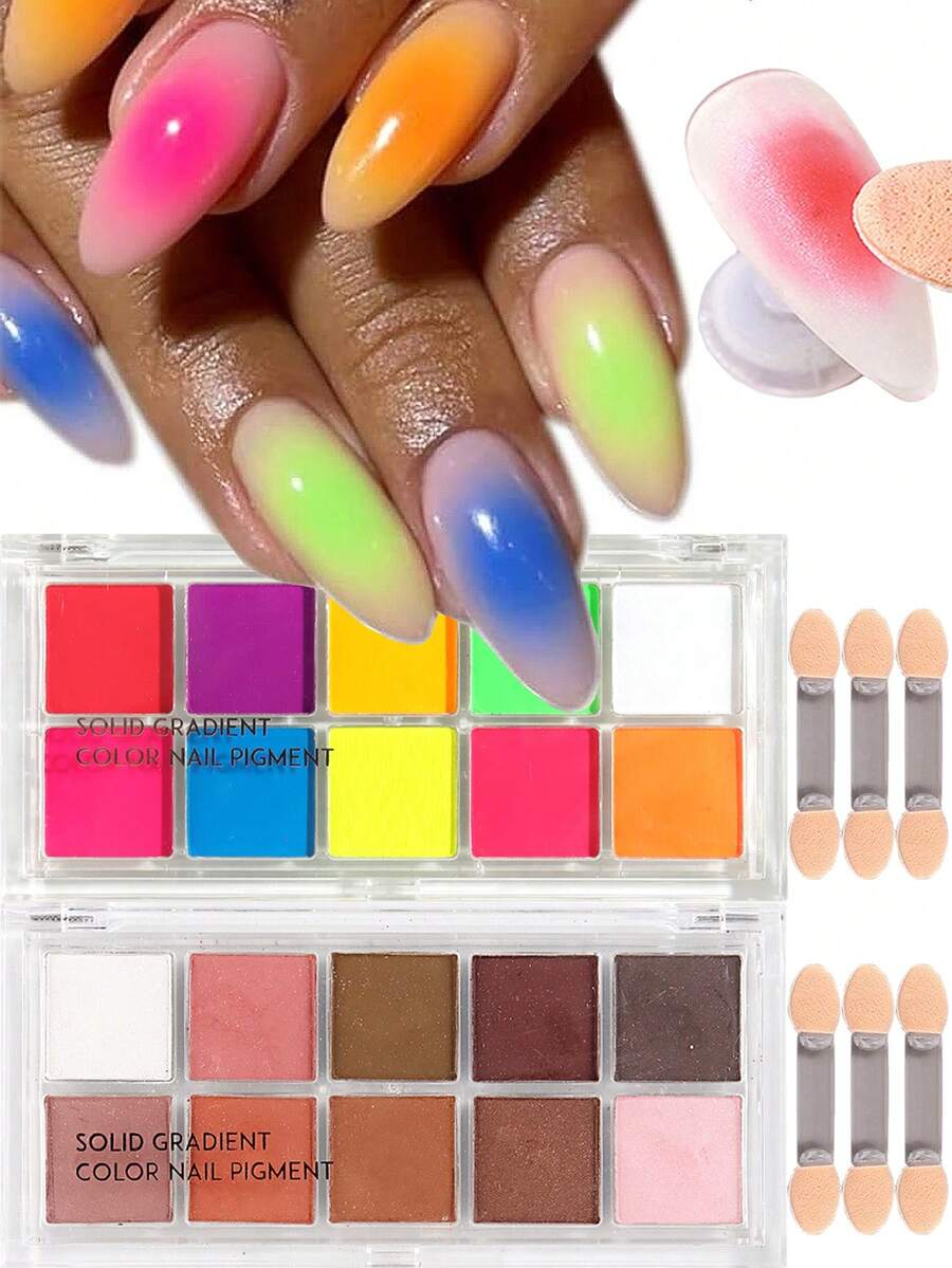 10 Colors Solid Gradient Nail Art Powder Set, Pink White Brown Purple Yellow Orange Multi-Color Dust Gradient Effect Nail Art Cute Decoration, With 3 Pcs Nail Brush Summer Decoration Manicure Accessories Supplies Nail Powder Set Nail Salon DIY - Multicolor - View 1