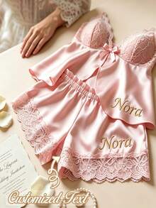 Customized Name Lace Trim Satin Pajama Set, Personalized Camisole Top & Shorts Lingerie, Bridal/Bridesmaid Sleepwear - Multicolor - View 3