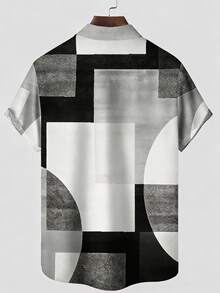 Vintage Geometric Color Block Print Men's Button Pocket Short Sleeve Shirt - Grey - View 2