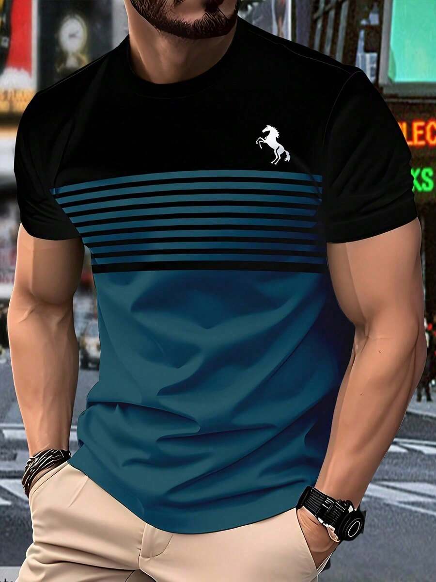 KOVSEE Men's Casual Sports T-Shirt - Horse Shaped Pattern, Suitable For Outdoor, Commuting, Vacation, Machine Washable, Comfortable For All Seasons, Daily Fashion Wear | Round Neck T-Shirt - Navy Blue - View 1