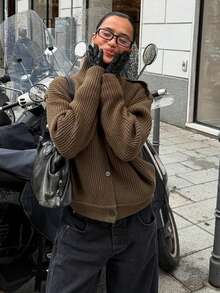 VIBEWAVE Brown High Neck Ribbed Single-Breasted Cropped Knit Cardigan, Old Money Relaxed Style Thick Ribbed Long Sleeve Sweater, Autumn/Winter City Street Style Commute Cafe Outerwear Top - Brown - View 6