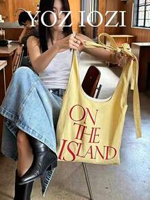Japanese & Korean Style Niche Design Ins Slouchy Tote Bag, Large Capacity Shoulder Underarm Tote Bag, Letter Print Versatile Shopping Bag - Yellow - View 3