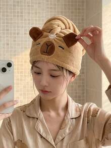 1pc Cute Cartoon Capybara Plush Hair Drying Cap, Absorbent Quick-Dry Coral Fleece Bath Hat, Women's Cute Hair Towel, Home Bathroom Decor, Summer Back To School - Default - View 1