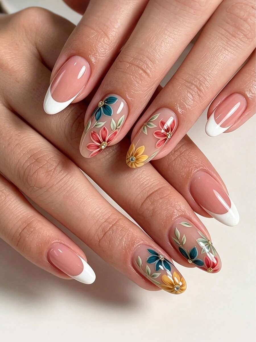 花卉貼花中號杏仁形白色法式邊花卉美甲假指甲,女用,24片 - 彩色 - 查看 1