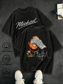 Michaeles Jacksones Vintage Washed T-Shirt,Front And Back Double Print Rock Star Print American Top,Music Legend,Rock Star,Vacation Outfits Men,Street Outings, And Daily Commuting,Vintage Street Style Unisex Loose Cotton Short Sleeve Crew Neck T-Shirt,Summer Clothes Men,Y2K T Shirts Men,Essential For Fans And Fans,Concert,Spring And Summer New Arrivals,Men's 100% Cotton Breathable Casual Shirt,Suitable For Travel, - 黑色 - 查看 1