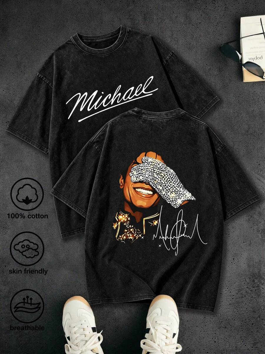 Michaeles Jacksones Vintage Washed T-Shirt,Front And Back Double Print Rock Star Print American Top,Music Legend,Rock Star,Vacation Outfits Men,Street Outings, And Daily Commuting,Vintage Street Style Unisex Loose Cotton Short Sleeve Crew Neck T-Shirt,Summer Clothes Men,Y2K T Shirts Men,Essential For Fans And Fans,Concert,Spring And Summer New Arrivals,Men's 100% Cotton Breathable Casual Shirt,Suitable For Travel, - 黑色 - 查看 1