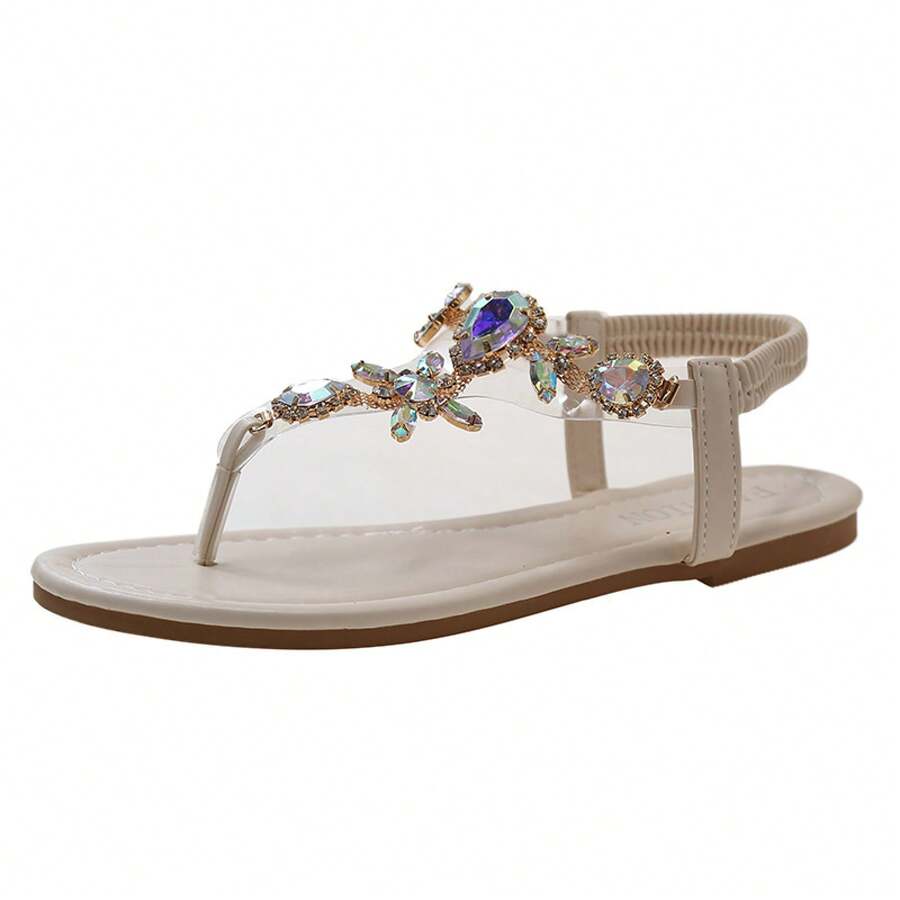 Women's Emerald Green Flat Sandals With Sparkling Rhinestones, Thimble Flip Flops With Elastic Back Strap, Elegant Shoes For Beach Parties And Casual Summer Wear - 米白色 - 查看 1