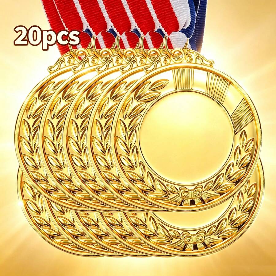 2個/10個/20個可客製化金色空白獎牌配藍紅緞帶 - 個性化獲勝獎勵,適用於運動、戶外活動、運動獎盃,優雅設計,耐用金屬,運動獎勵套裝,戶外活動裝飾,經典獎牌設計,拋光 - 均碼 - 查看 1