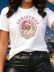 Women's T-Shirt, Christmas Vibes Text, Comfortable Wear - 白色 - 查看 1