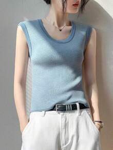 Perfect For Summer: A Striped Sleeveless Knit Vest (For Women), And A Stylish, Youthful Short-Sleeved T-Shirt. - Baby Blue - View 2