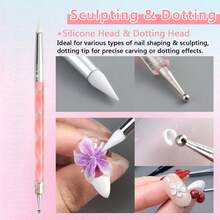 Juego de 3 piezas de herramientas de escultura para arte de uñas, varillas de tallado de acero inoxidable de doble extremo & bolígrafo de escultura de uñas de silicona para tallado de flores 3D, herramientas de manicura - Multicolor - Ver 3