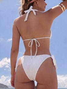 2件組女款海洋主題裝飾性性感休閒比基尼套裝，掛脖純色泳衣，適合夏季度假 - 淺粉色 - 查看 4