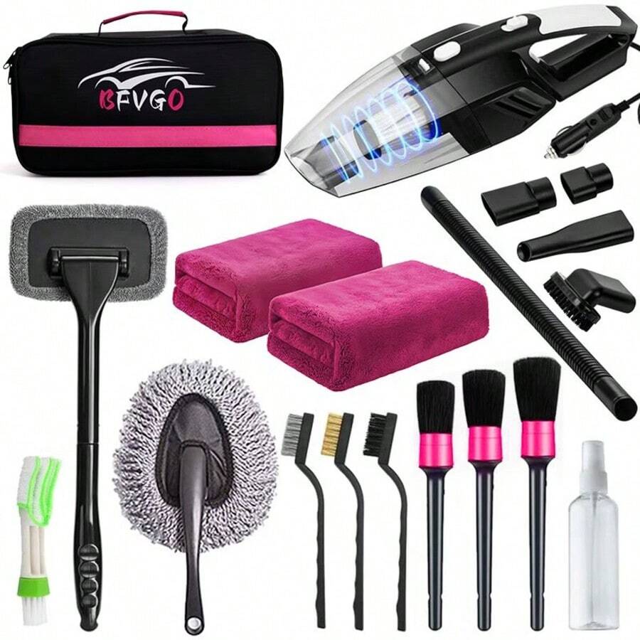 19pcs/Set Car Cleaning Wash Kit Interior Detailing Cleaner Kit With High Power Handheld Vacuum, Brush Set, Windshield Tool, Duster, Towels, Complete Car Care Tool - 粉色 - 查看 1