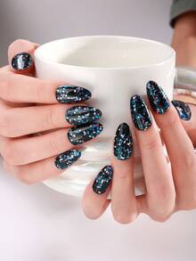 20Pcs Colorful Glitter Semi-Cured Gel Nail Strips,Black Pearl Starry Sky Self-Adhesive Gel Nail Stickers, Salon Quality, Easy To Apply, Perfect For Parties And Music Festivals DIY Nail Art - Black - View 4
