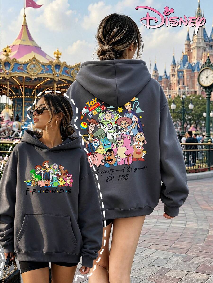 Disney Women's Hooded Sweatshirt, Unisex Sweatshirt, Toy Story And Friends Print Hooded Sweatshirt, 1995, Double-Sided Print. - Dark Grey - View 1