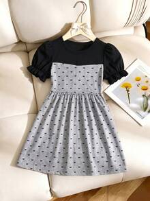 Tween Girls Outdoor Casual Fashion Elegant Outfit Minimalist Style Black & Grey Patchwork Design Bow Print Round Neck Flared Cuff Puff Sleeve Dress Summer Style, Suitable For Daily & Today Wear, Back To School, Street Photography, Family Travel, Social Gathering, City Vacation - Multicolor - View 2