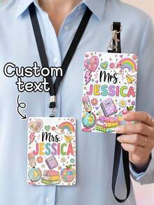1pc Customized Rainbow Graffiti Teacher Luggage Tag, Meal Card Holder, ID Card Sleeve, Teacher & Student Stationery, Teacher Appreciation Gift, Classroom Essential, Back To School, Elementary & Kindergarten Teacher Backpack Charm - Multicolor - View 2