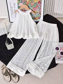 Vihyde 2pcs Girls Vacation Style Set: White Textured Halter Neck Sleeveless Top & Semi-Sheer Floral Trim Wide Leg Pants - White - View 1
