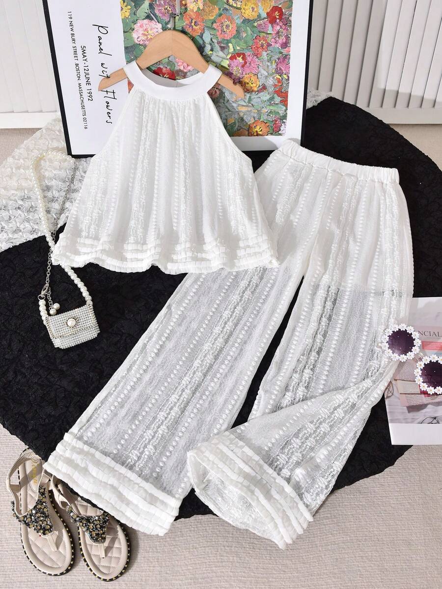 Vihyde 2pcs Girls Vacation Style Set: White Textured Halter Neck Sleeveless Top & Semi-Sheer Floral Trim Wide Leg Pants - White - View 1