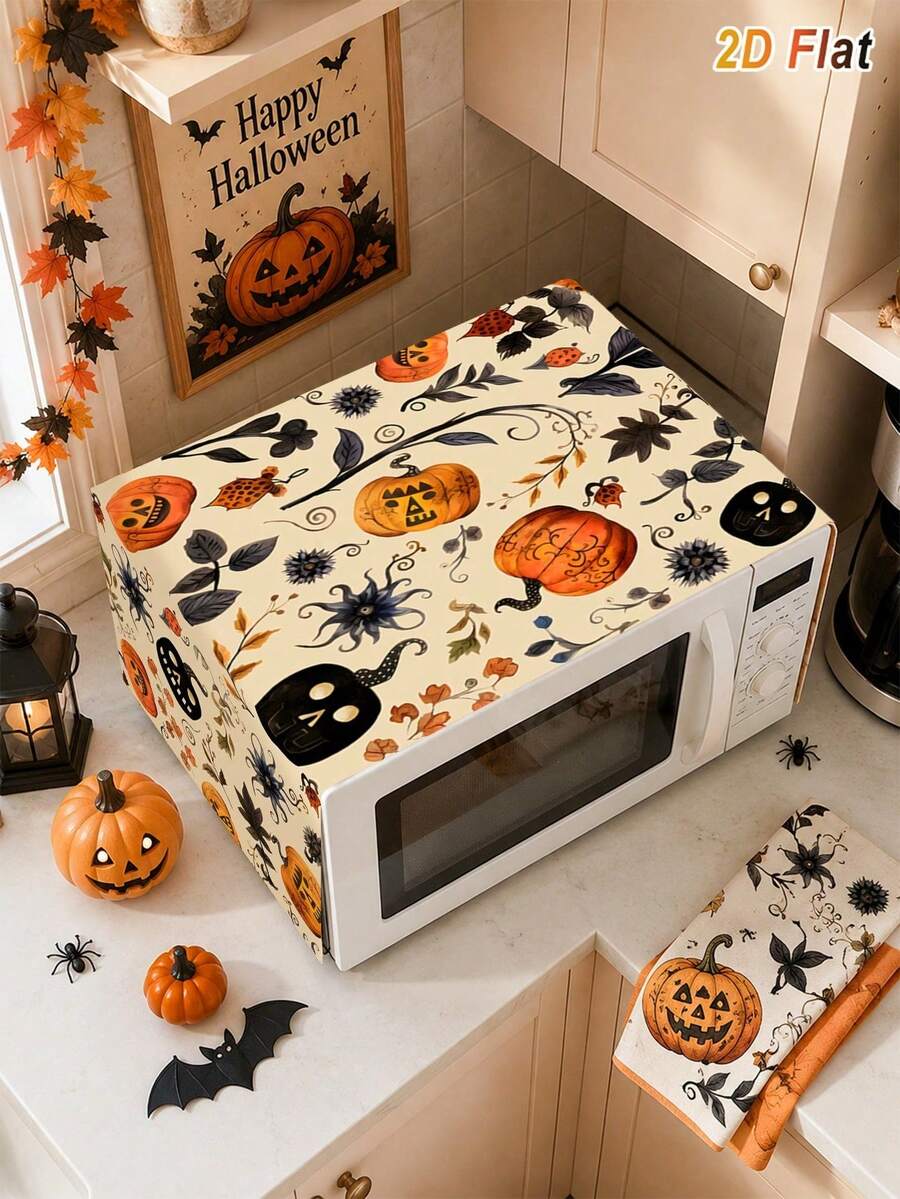1Pc Minimalist Black White Checkered Microwave Oven Dust Cover,Washable Dust-Proof Protective Cover,Microwave Cover,Decorative Kitchen Appliance Cover,Home Decor,Kitchen Decor,Home Appliance Decorations,Bridal Shower Favors,Easy To Clean,Anti-Fouling - Halloween Pumpkin - View 1