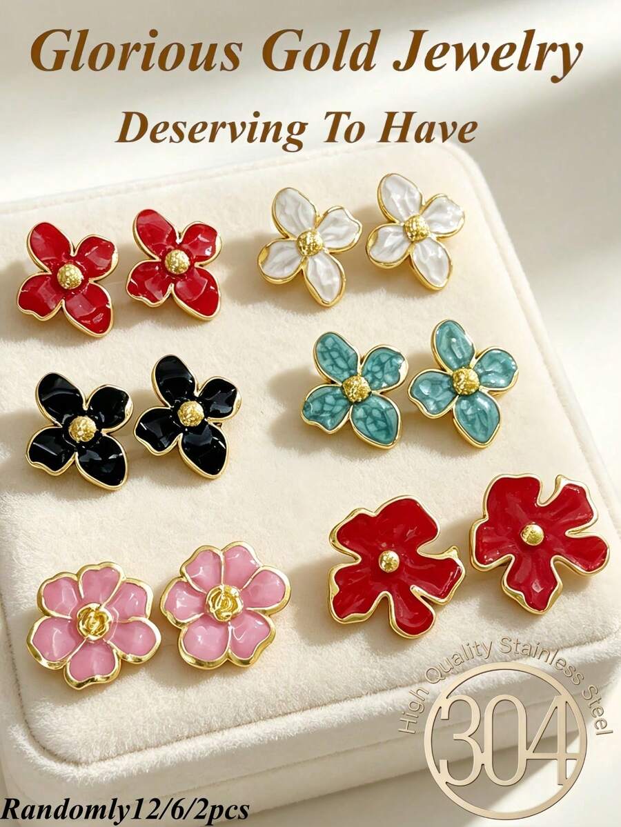 12pcs/6pairs Summer Gold Women's Earrings, Including Four-Petal Flower And Six-Petal Flower Designs, Suitable For Casual Vacation And Daily Wear, Elegant Earrings, Earring Set - Oil Dripping Kit - View 1