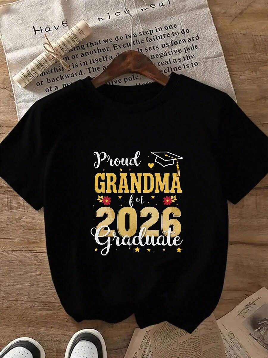" - 100% Cotton, Comfortable 220g Heavyweight Fabric, Unisex Crew Neck T-Shirt For Men And Women, Casual Streetwear, Perfect Graduation Gift For Family And Friends. - 黑色 - 查看 1