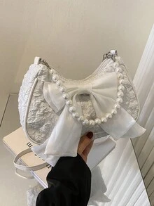 Bolso de mano con cadena de perlas de moda, bolso de hombro - Beis - Ver 11