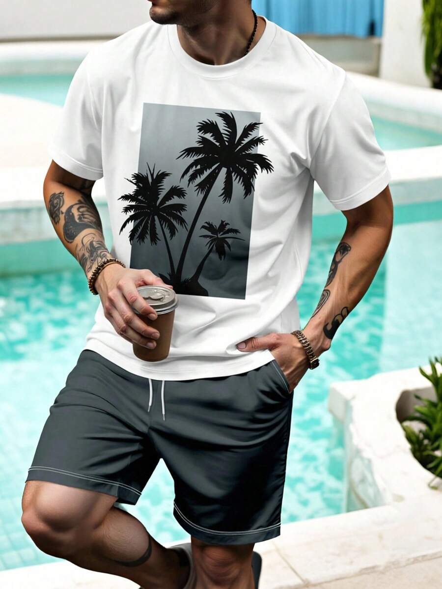 Men's Palm Tree Print Short Sleeve Shorts Set - Multicolor - View 1