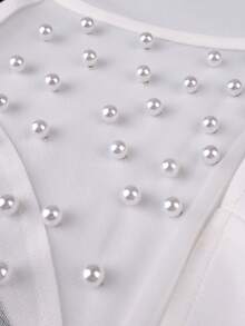 AOMEI Elegant Noble Luxury Plus Size Women White Fitted Jumpsuit Pearl Mesh Round Neck Short Sleeve High Waist Wide Leg Jumpsuit Elegant Party Graduation Wedding Guest Outfit - White - View 4