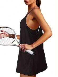 Women's Sleeveless Summer Mini Dress, Spaghetti Strap Style, Short Dress With Pockets - Black - View 4