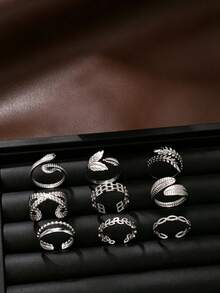 9pcs American Vintage Distressed Silver-Tone Stainless Steel Rings, Embossed Leaf, Twisted Rope Chain, Cross Hollow Design, Unisex Street Party Accessories - Silver - View 2
