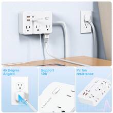 Regleta de protección contra sobretensiones con enchufe plano de 5 pies, 6 tomas de corriente espaciadas + 4 puertos USB, extensor de enchufe de pared, esencial para el hogar, la oficina, el dormitorio - Blanco - Ver 6